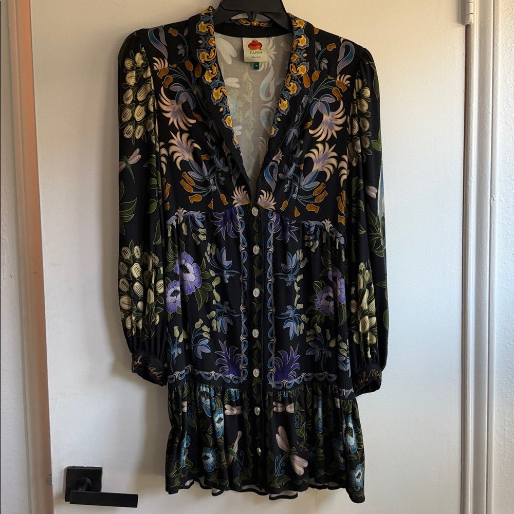 FARM Rio Black and Purple Buttoned Peplum Dress 💯 rayon - Picture 14 of 17